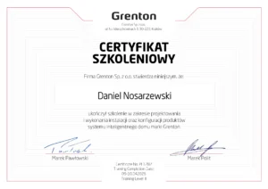 Oficjalny dyplom certyfikowanego partnera i instalatora systemów inteligentnego domu polskiego producenta Grenton.