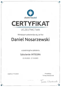 Potwierdzenie kwalifikacji z zakresu projektowania oraz montażu systemów alarmowych Satel zintegrowanych z automatyką inteligentnego domu.