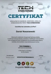 Certyfikat szkolenia z technologii Tech sterowniki systemów inteligentnego sterowania ogrzewaniem