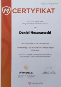 Certyfikat techniczny poświadczający wiedzę z zakresu projektowania i montażu bezpiecznych instalacji monitoringu wizyjnego CCTV i kamer IP